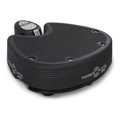 Power Plate pro5HP whole body vibration platform in matte black, a low platform with its control panel at the back edge