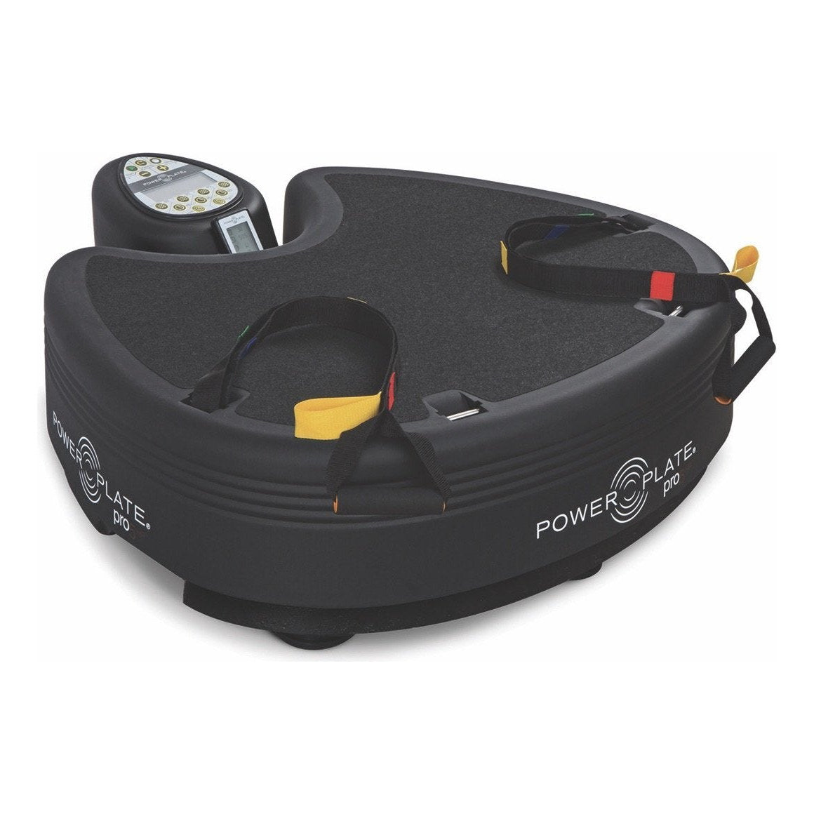 Power Plate pro5HP platform with its hand straps clipped to the platform edge