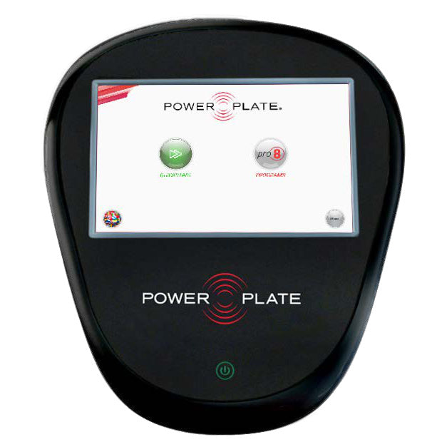 Power Plate pro8 touchscreen console showing the Quickstart and pro8 programs buttons