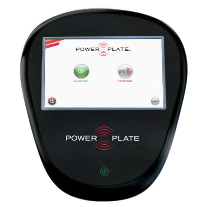 Power Plate pro8 touchscreen console showing the Quickstart and pro8 programs buttons