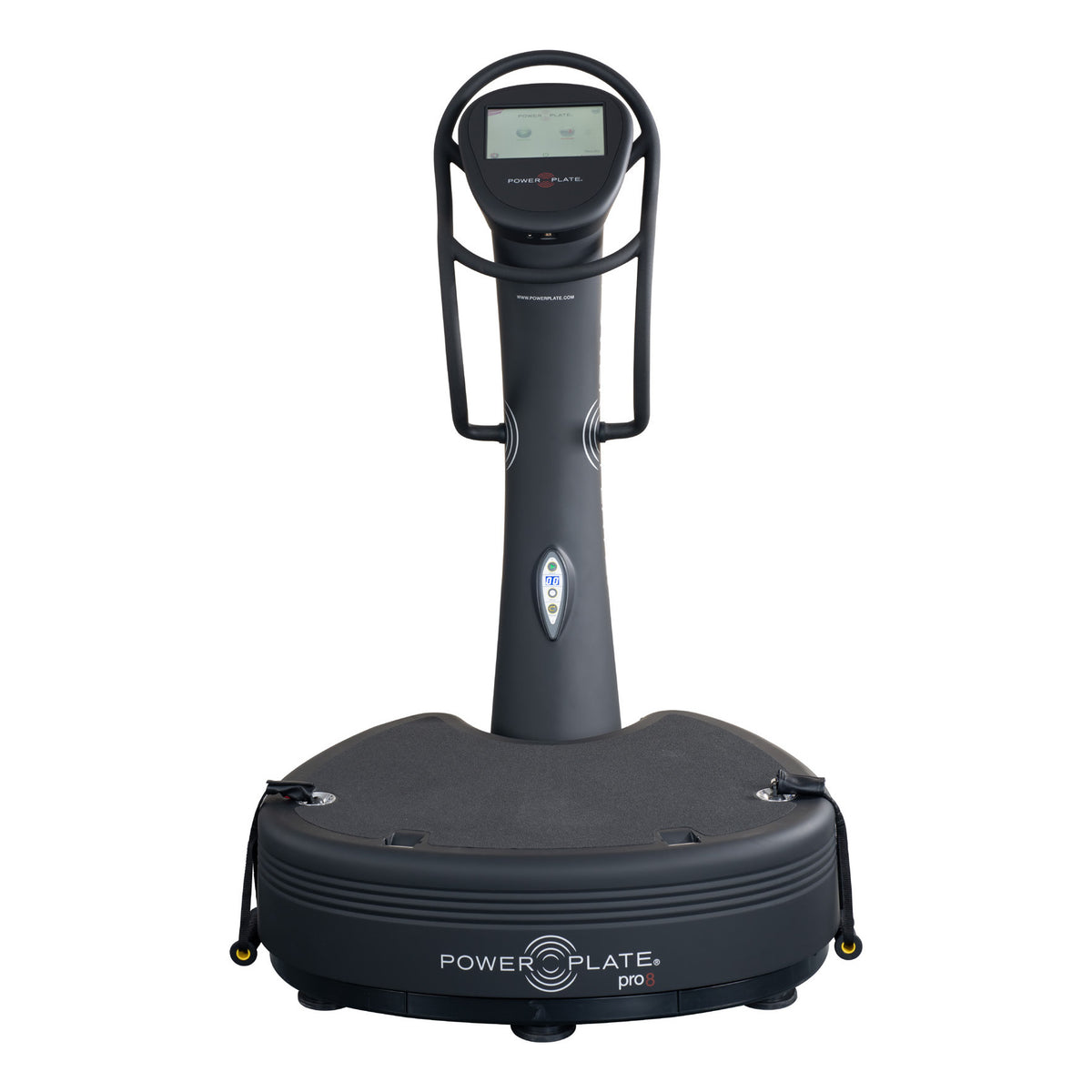 Front view of the Power Plate pro8, with the touchscreen column centered over the platform