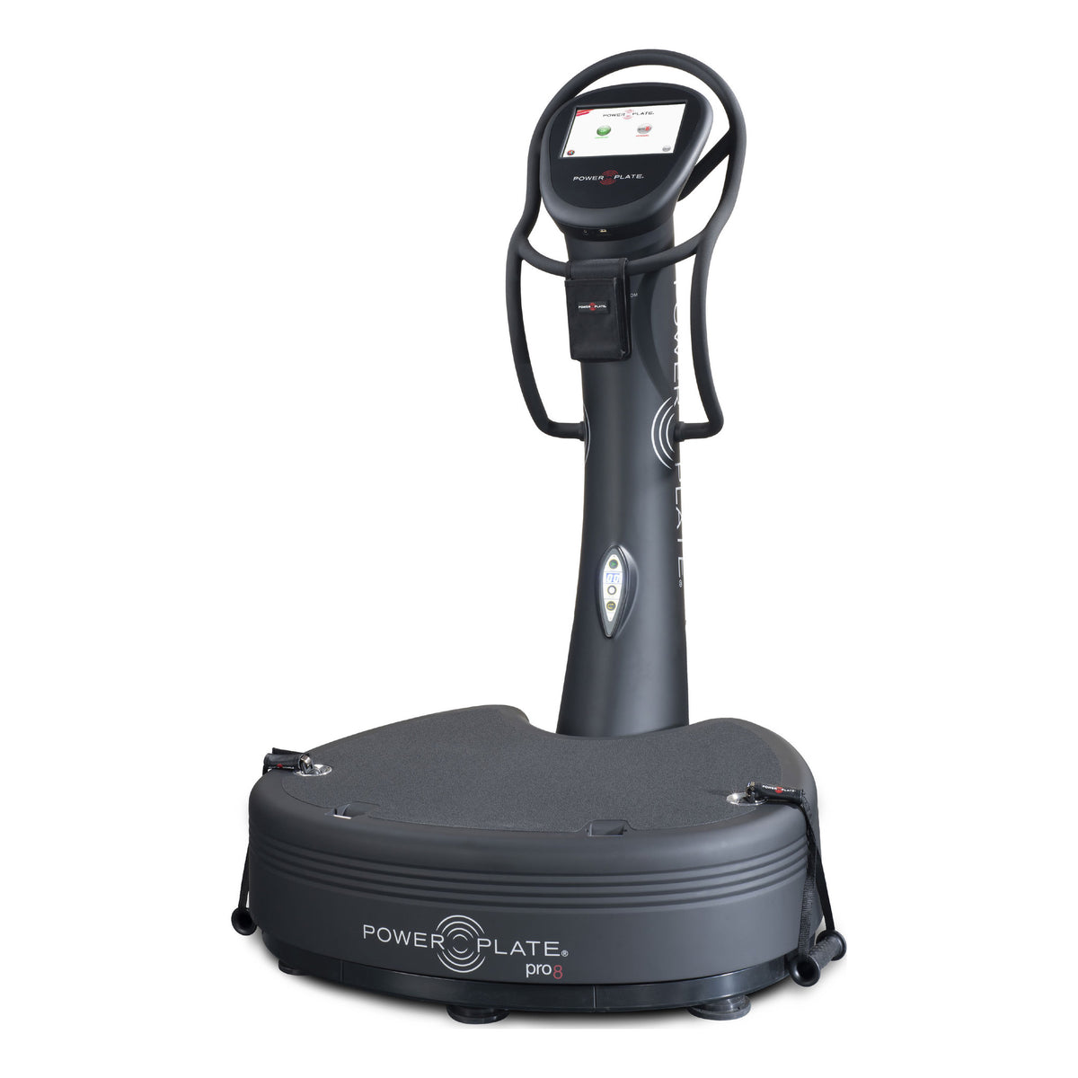 Power Plate pro8 seen from the other side at 45 degrees, with its touchscreen switched on and the proMOTION cable handles at the base