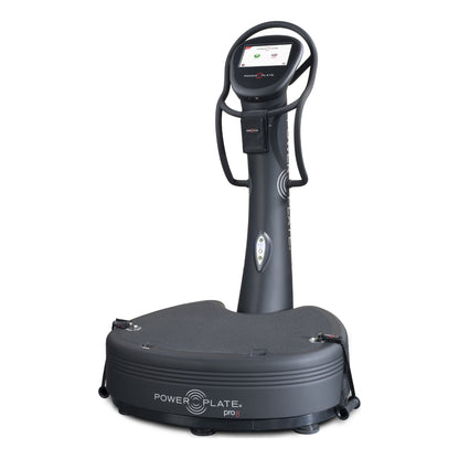 Power Plate pro8 seen from the other side at 45 degrees, with its touchscreen switched on and the proMOTION cable handles at the base
