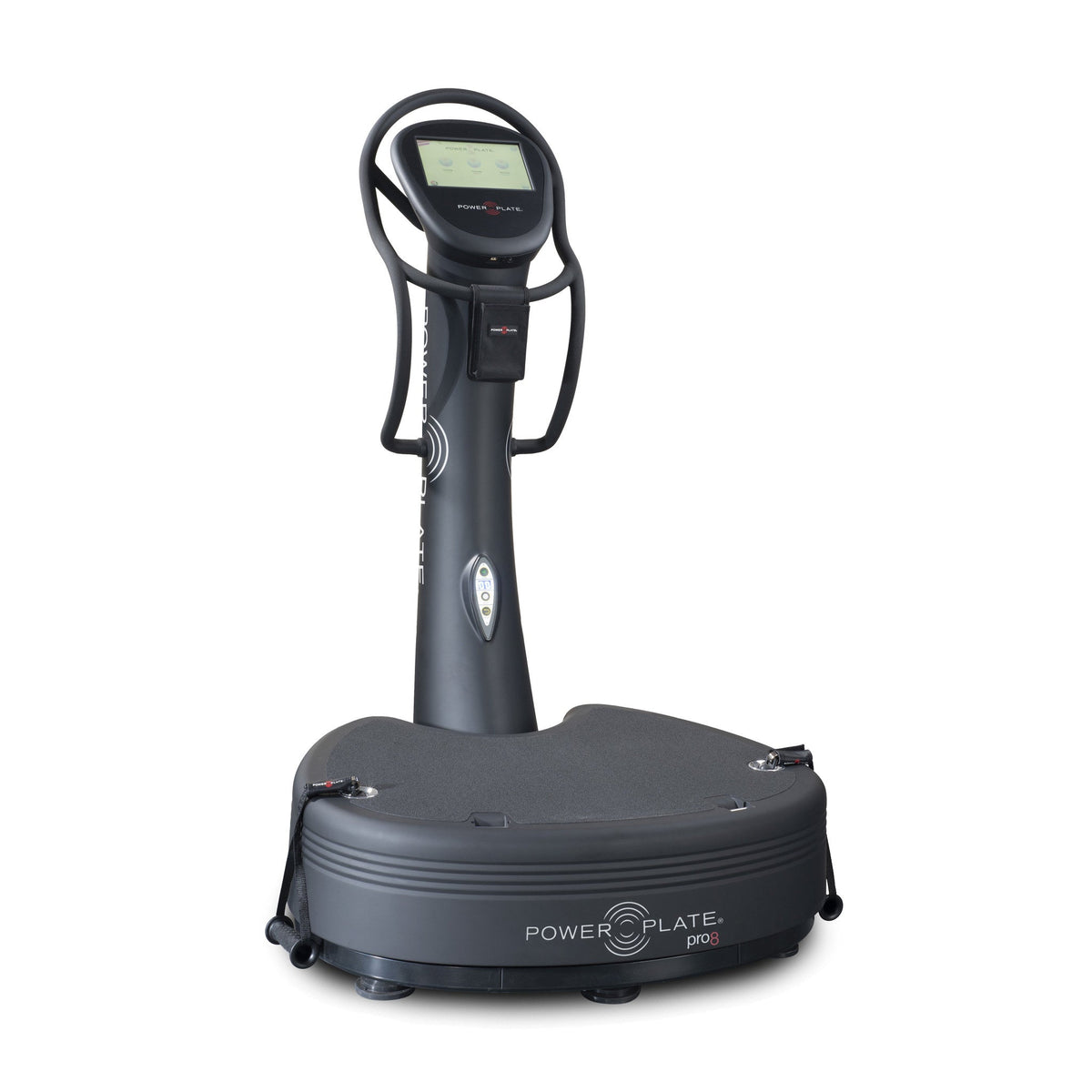 Power Plate pro8 whole body vibration platform in matte black, with its touchscreen column and handlebars