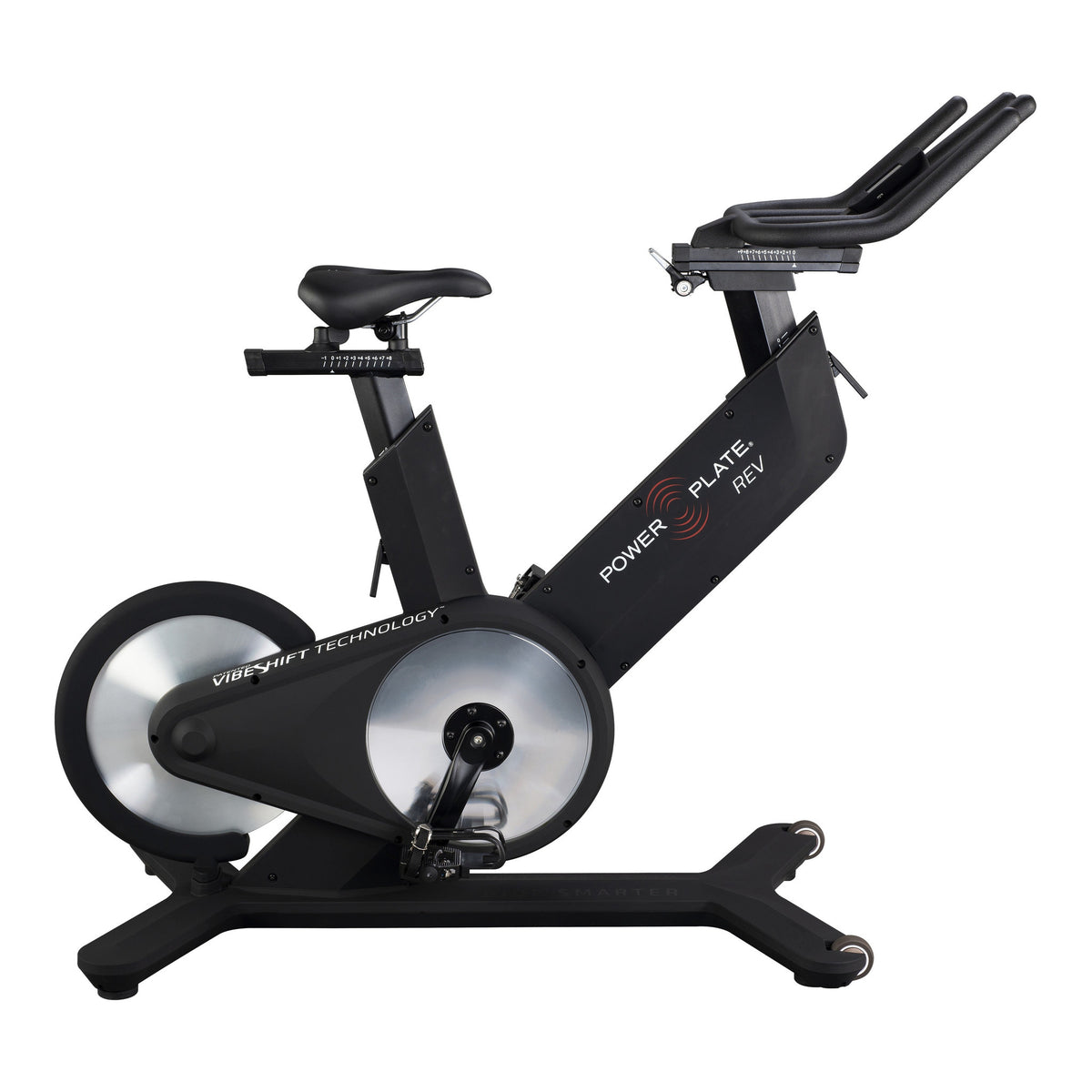 Power Plate REV vibration exercise bike in matte black, side view with the VibeShift gearbox and rear flywheel