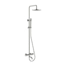 LeisureCraft Premium Shower Hardware: stainless rain head on a riser with hand shower and mixing valve