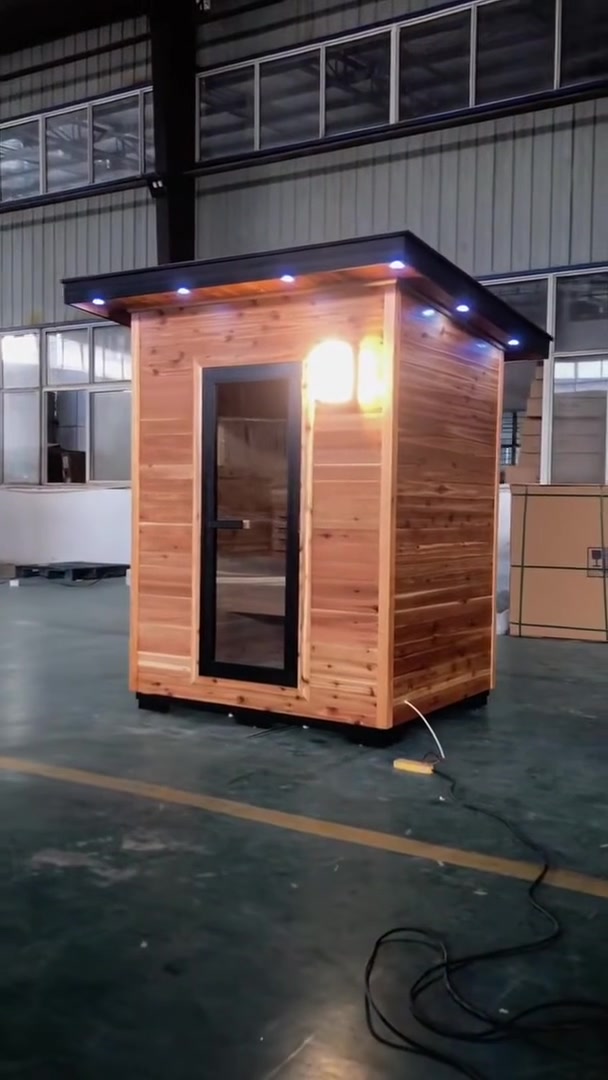 SunRay Seneca outdoor sauna walkaround film: cedar cabin with flat roof and roof-edge lights, then the heater, benches and interior