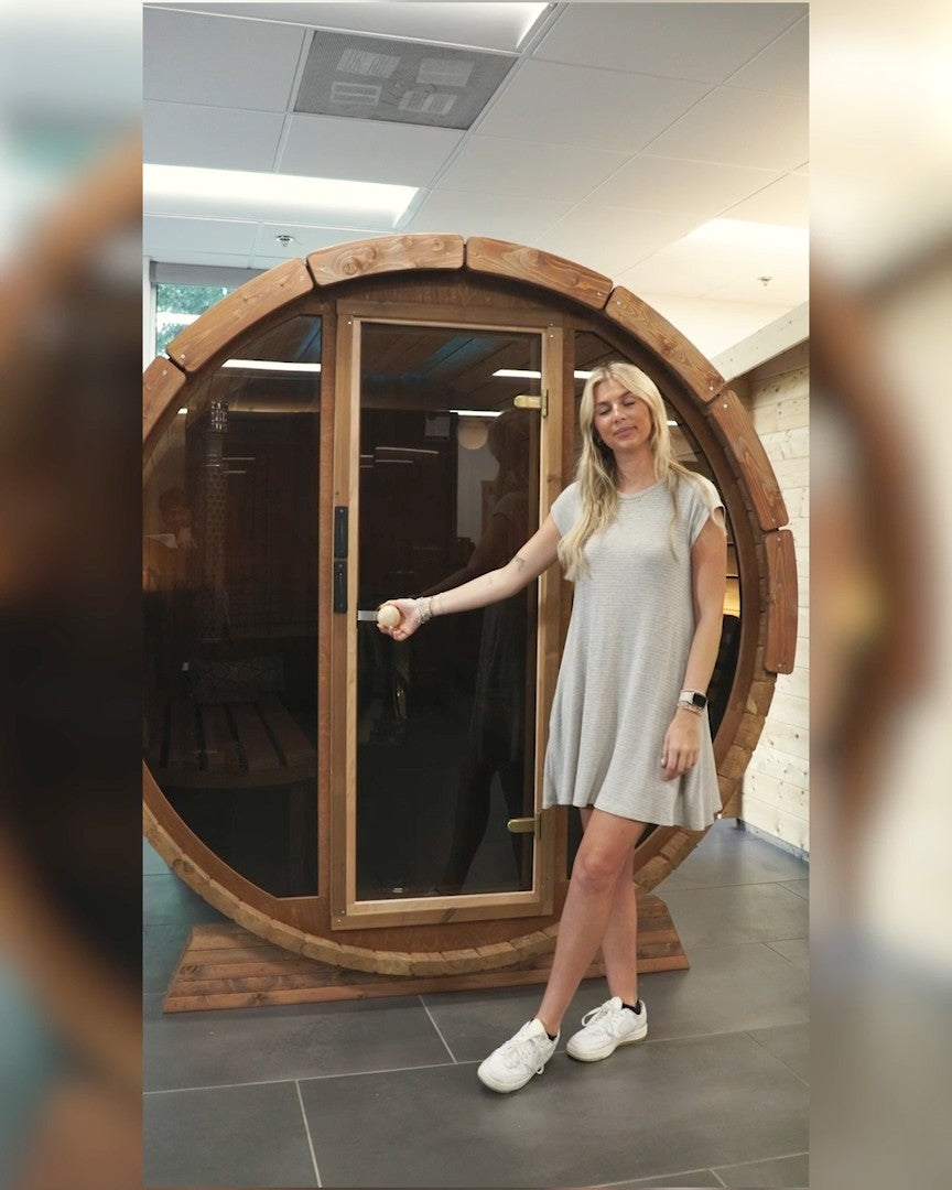 SaunaLife E7G Ergo Series 4-Person Outdoor Barrel Sauna Kit, Glass Front, product walkthrough video
