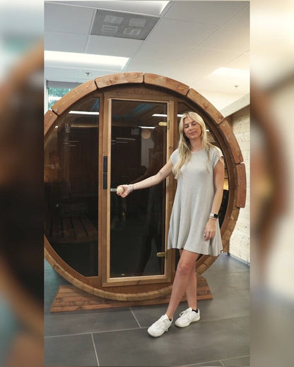 SaunaLife E7G Ergo Series 4-Person Outdoor Barrel Sauna Kit, Glass Front, product walkthrough video