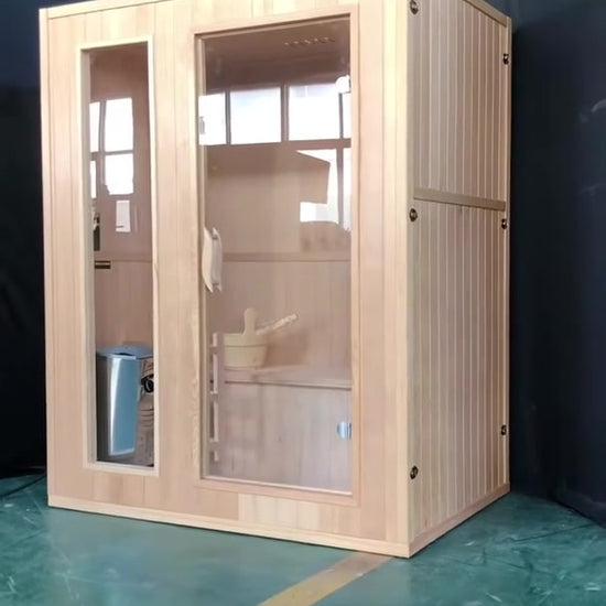 SunRay Baldwin indoor sauna walkaround film: glass front, benches, light, sand timer, thermometer and the Harvia heater