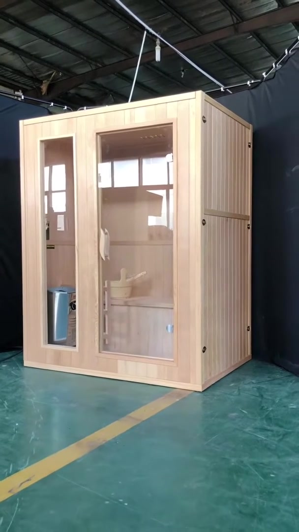 SunRay Baldwin indoor sauna walkaround film: glass front, benches, light, sand timer, thermometer and the Harvia heater
