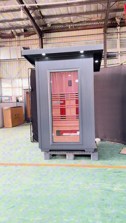 SunRay Logan outdoor infrared sauna walkaround film: gray flat roof cabin with a full glass door, then the infrared heaters, bench and ceiling lights inside