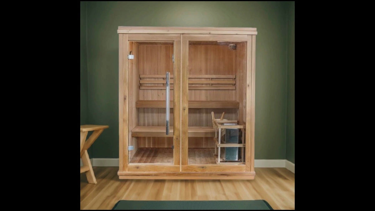 SunRay Charleston indoor sauna photo film: two panel glass front, two level benches, ceiling vents, Harvia heater and bucket