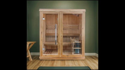 SunRay Charleston indoor sauna photo film: two panel glass front, two level benches, ceiling vents, Harvia heater and bucket
