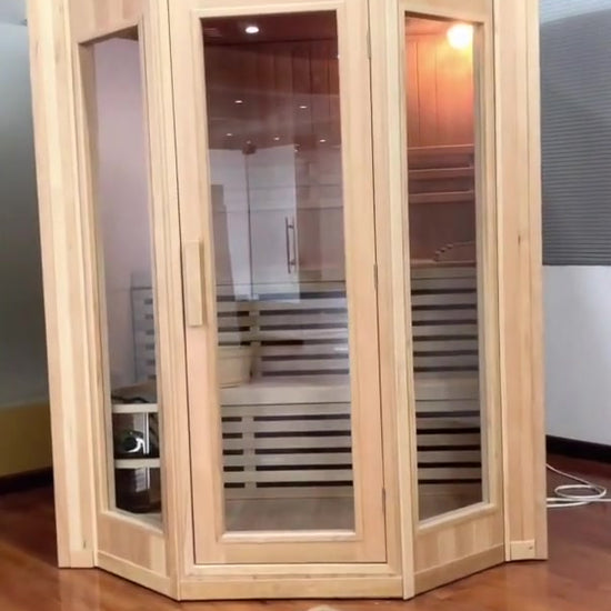 SunRay Tiburon corner indoor sauna walkaround film: angled glass front in hemlock, then the two-tier benches and the Harvia heater inside