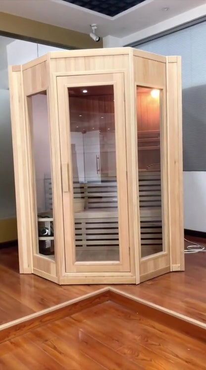 SunRay Tiburon corner indoor sauna walkaround film: angled glass front in hemlock, then the two-tier benches and the Harvia heater inside