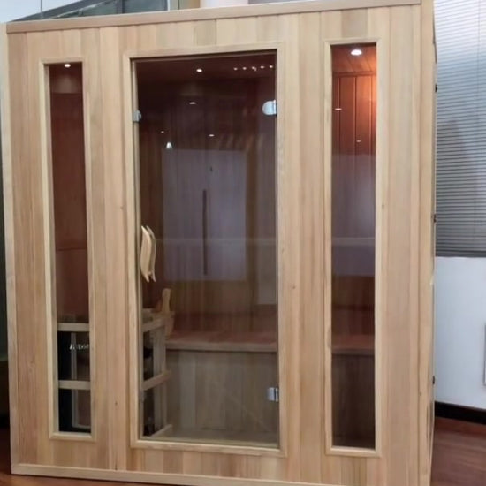 SunRay Southport indoor sauna walkaround film: three-panel glass front in hemlock, then the bench, lights, vents and the Harvia heater inside