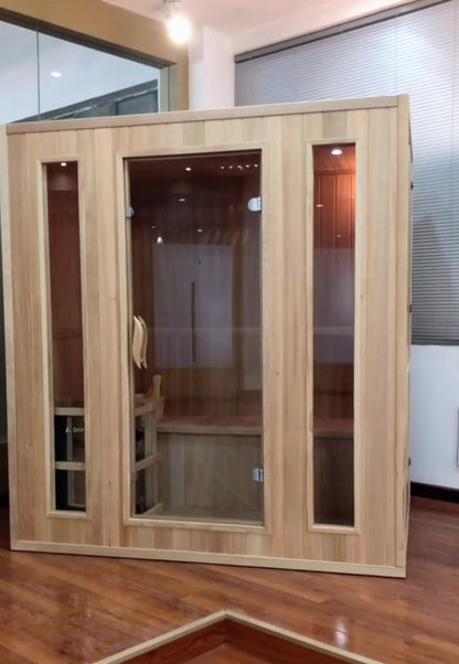SunRay Southport indoor sauna walkaround film: three-panel glass front in hemlock, then the bench, lights, vents and the Harvia heater inside