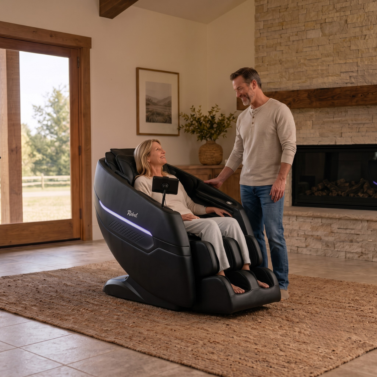 SmartTouch tablet control on the Rebel 4D massage chair — lifestyle use