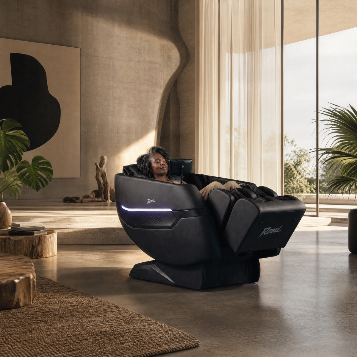 Rebel 4D massage chair in zero gravity position — designer home interior