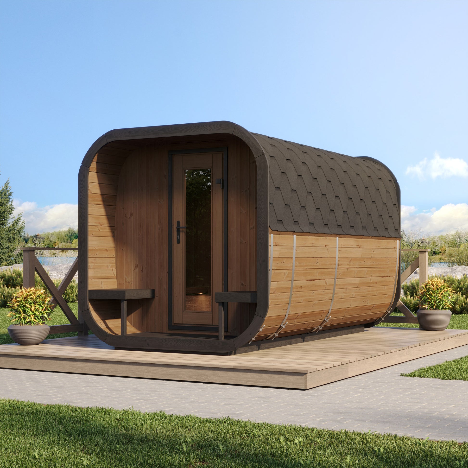 SaunaLife CL12GCP Cube Series 8-Person Outdoor Sauna Kit, Changing Room, installed view 6