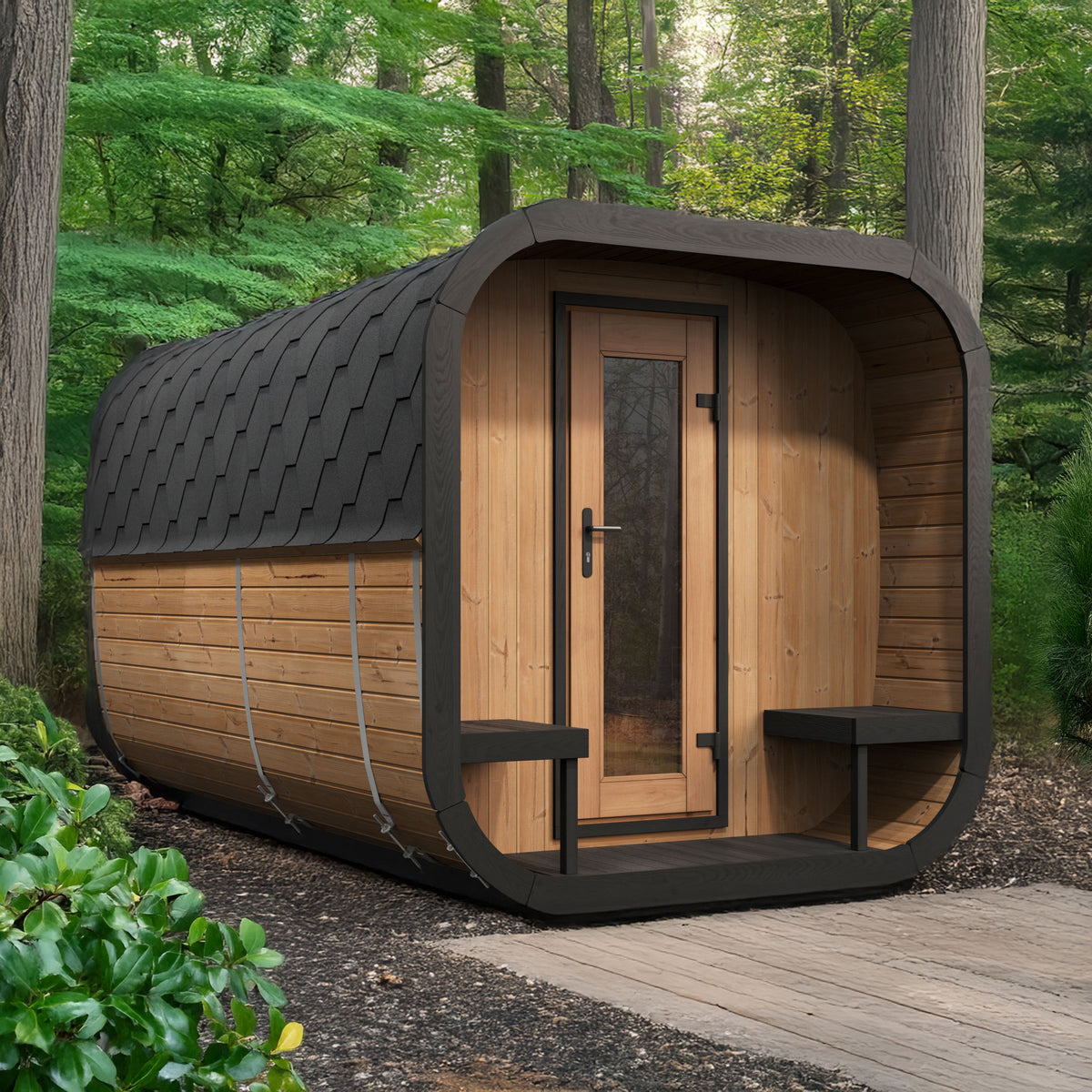 SaunaLife CL12GCP Cube Series 8-Person Outdoor Sauna Kit, Changing Room, installed view 7
