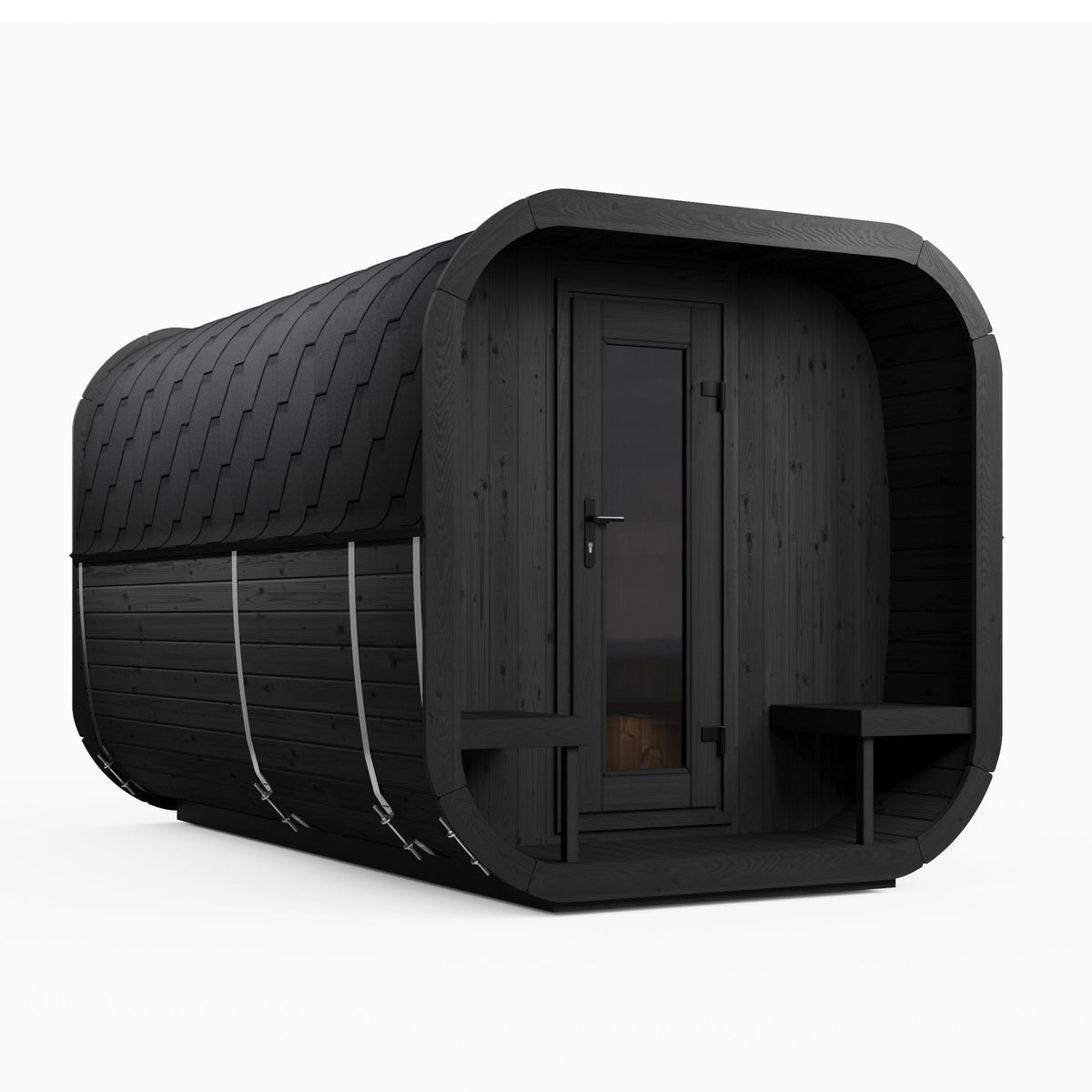 SaunaLife CL12GCP Cube Series 8-Person Outdoor Sauna Kit, Changing Room, black finish, three quarter view