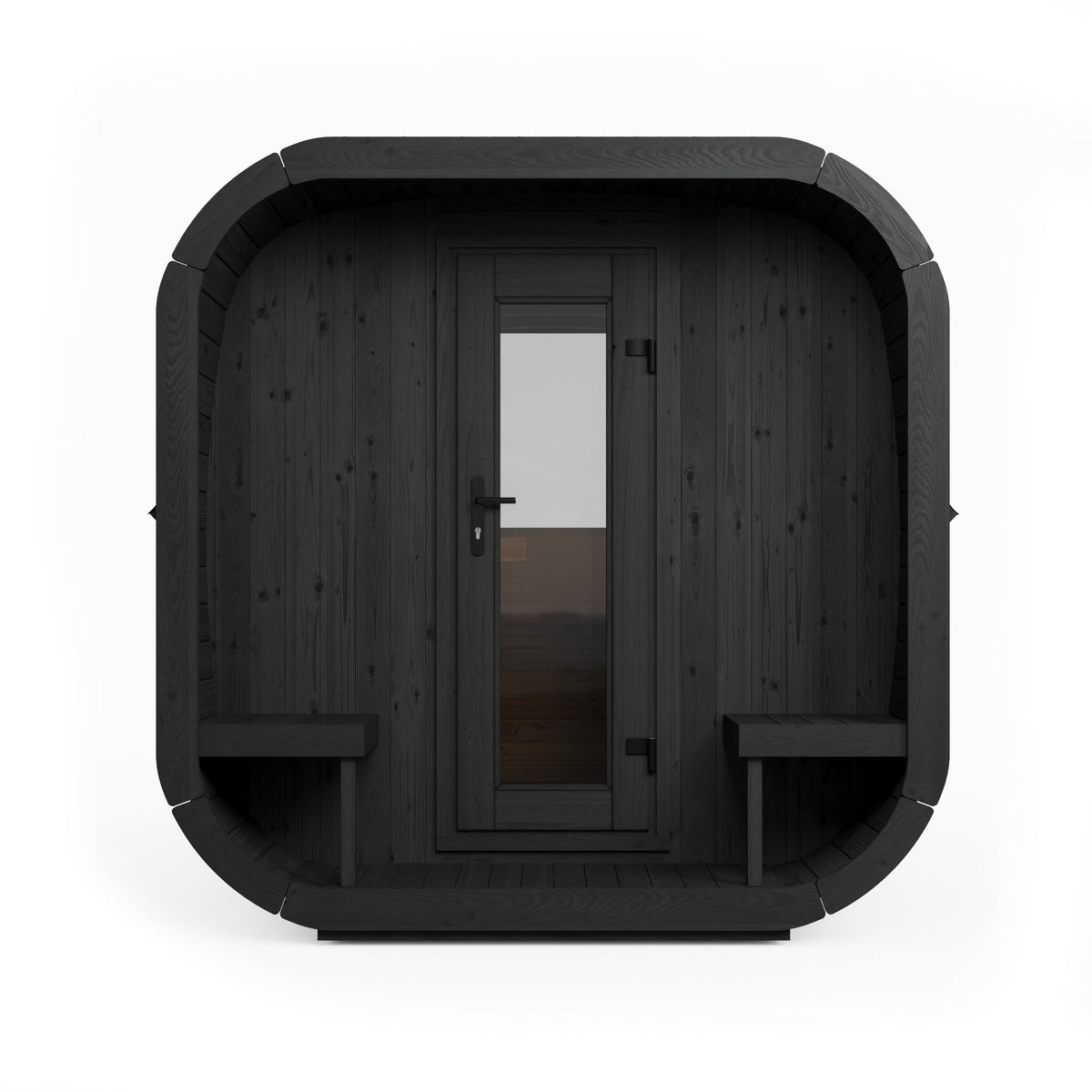 SaunaLife CL12GCP Cube Series 8-Person Outdoor Sauna Kit, Changing Room, black finish, front elevation with the covered porch