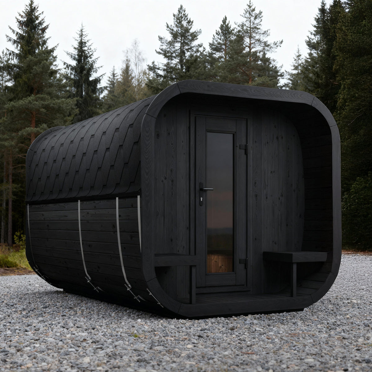 SaunaLife CL12GCP Cube Series 8-Person Outdoor Sauna Kit, Changing Room, black finish, on gravel in a pine forest