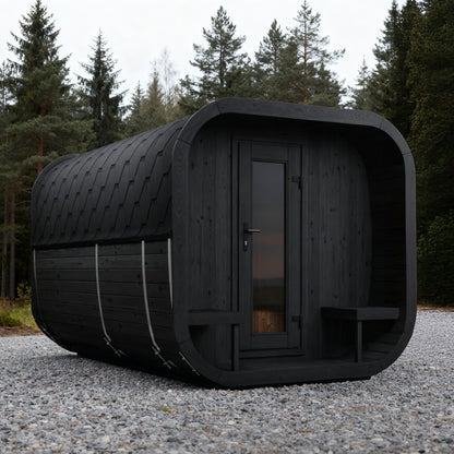 SaunaLife CL12GCP Cube Series 8-Person Outdoor Sauna Kit, Changing Room, black finish, on gravel in a pine forest