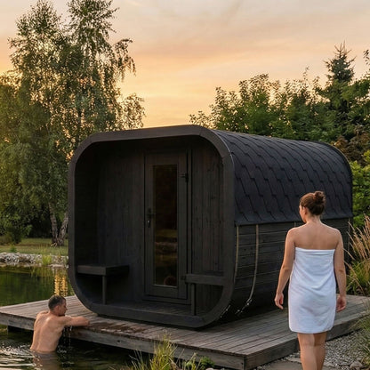 SaunaLife CL12GCP Cube Series 8-Person Outdoor Sauna Kit, Changing Room, black finish, lakeside at sunset