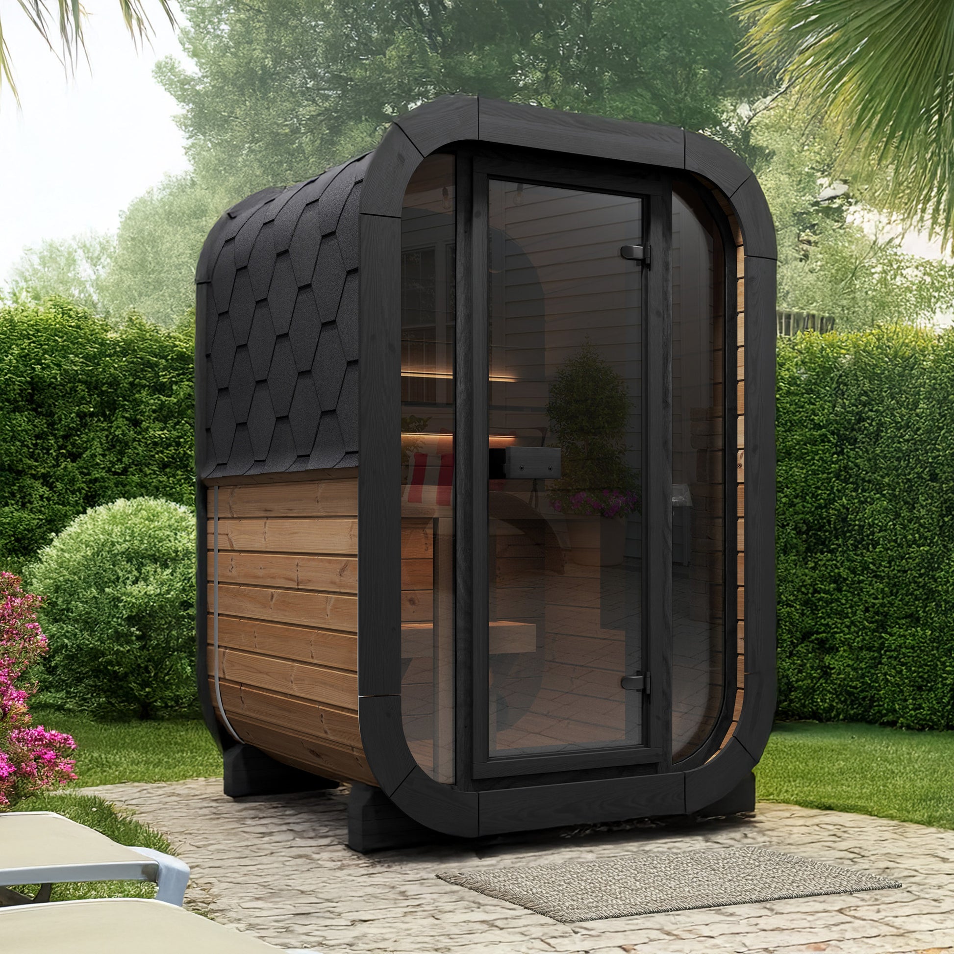 SaunaLife CL3G Cube Series 2-Person Outdoor Sauna Kit, installed view 4