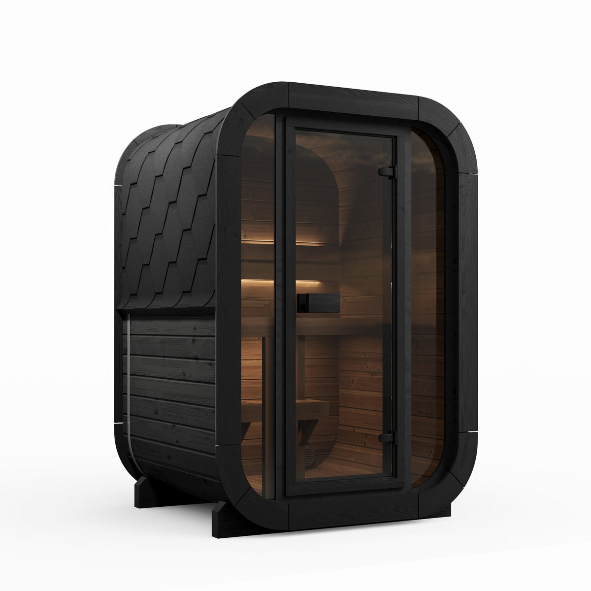 SaunaLife CL3G Cube Series 2-Person Outdoor Sauna Kit, black finish, three quarter view