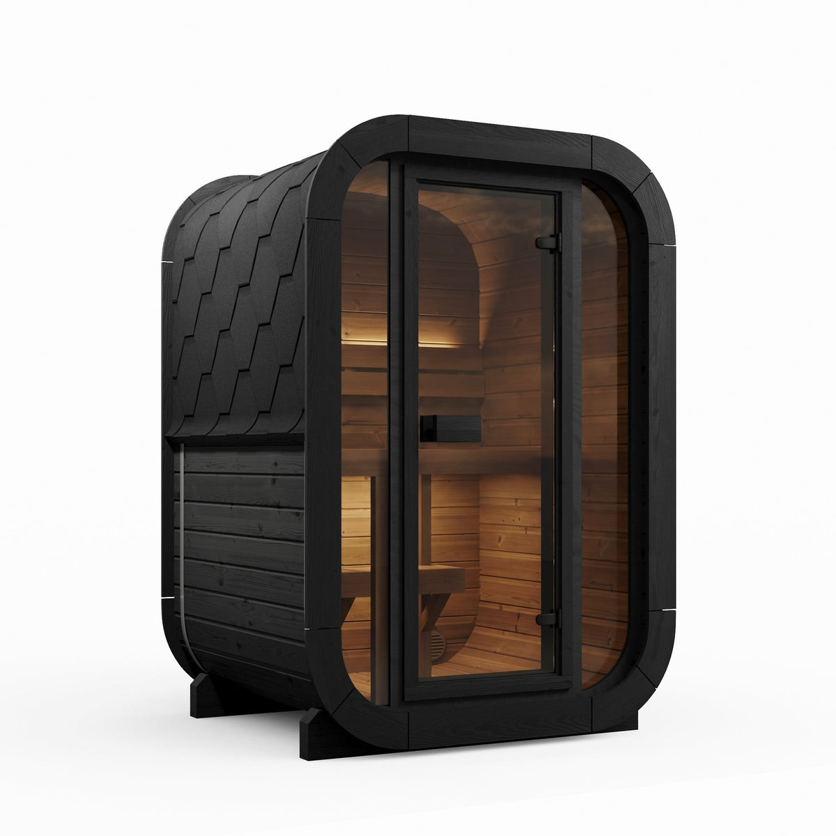 SaunaLife CL3G Cube Series 2-Person Outdoor Sauna Kit, black finish, with the LED lighting on