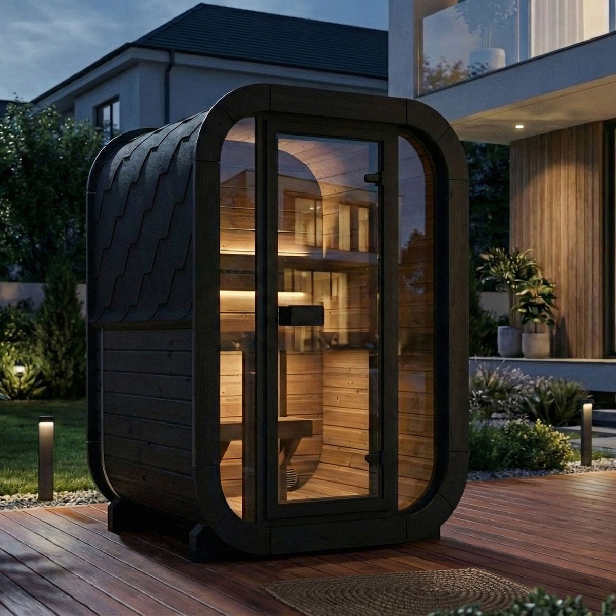 SaunaLife CL3G Cube Series 2-Person Outdoor Sauna Kit, black finish, on a deck beside a modern house