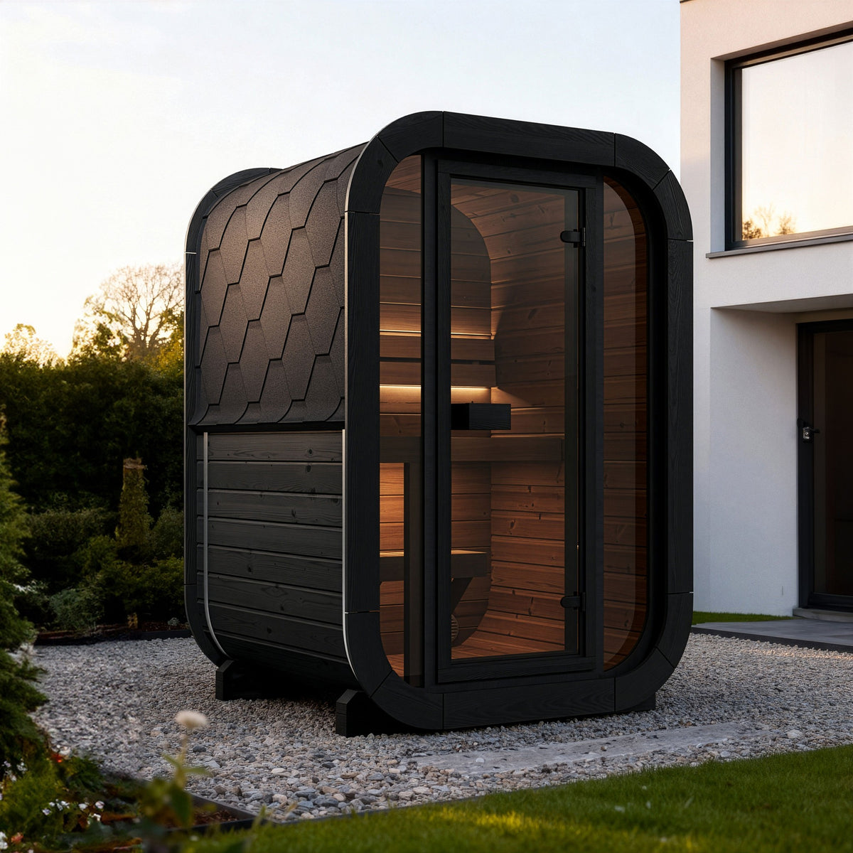 SaunaLife CL3G Cube Series 2-Person Outdoor Sauna Kit, black finish, on gravel at sunset