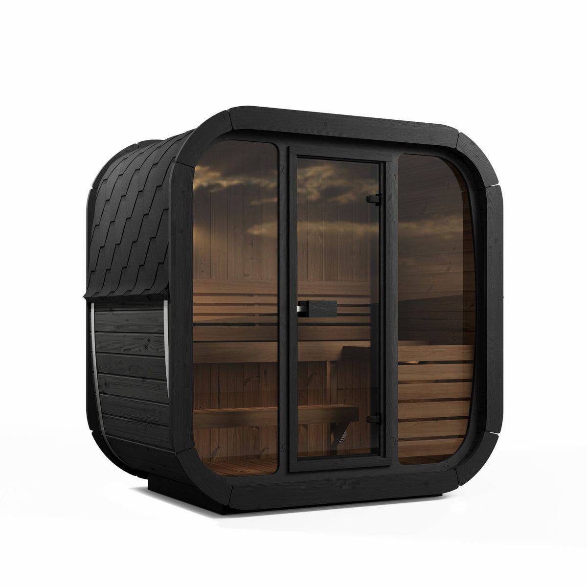 SaunaLife CL4G Cube Series 3-Person Outdoor Sauna Kit, black finish, three quarter view