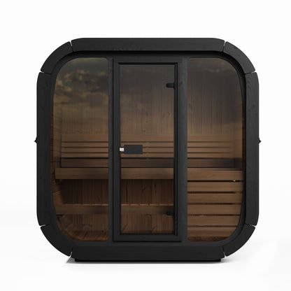 SaunaLife CL4G Cube Series 3-Person Outdoor Sauna Kit, black finish, front elevation