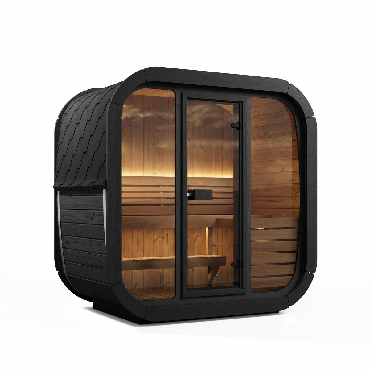 SaunaLife CL4G Cube Series 3-Person Outdoor Sauna Kit, black finish, with the LED lighting on