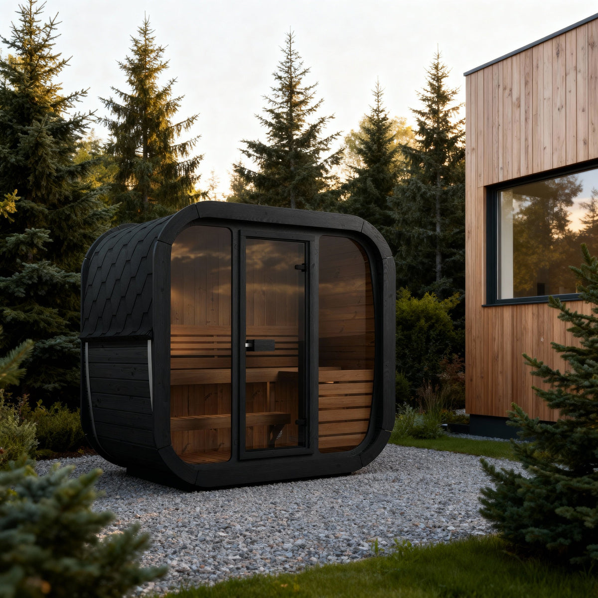 SaunaLife CL4G Cube Series 3-Person Outdoor Sauna Kit, black finish, among pines beside a cabin