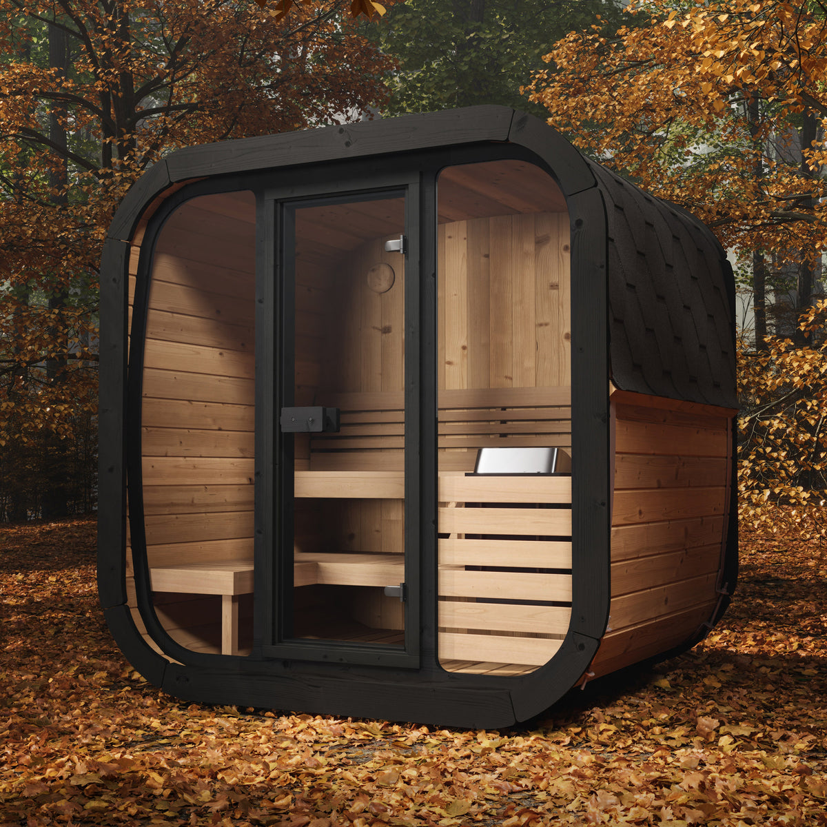 SaunaLife CL5G Cube Series 4-Person Outdoor Sauna Kit, installed view 5