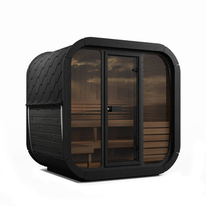 SaunaLife CL5G Cube Series 4-Person Outdoor Sauna Kit, black finish, three quarter view