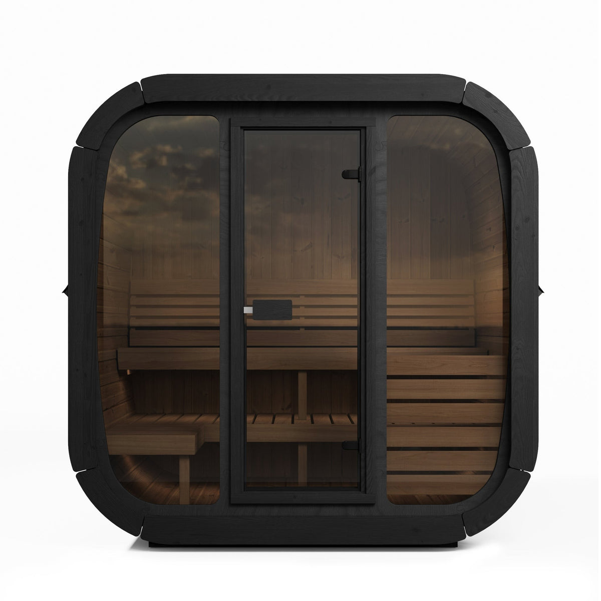 SaunaLife CL5G Cube Series 4-Person Outdoor Sauna Kit, black finish, front elevation