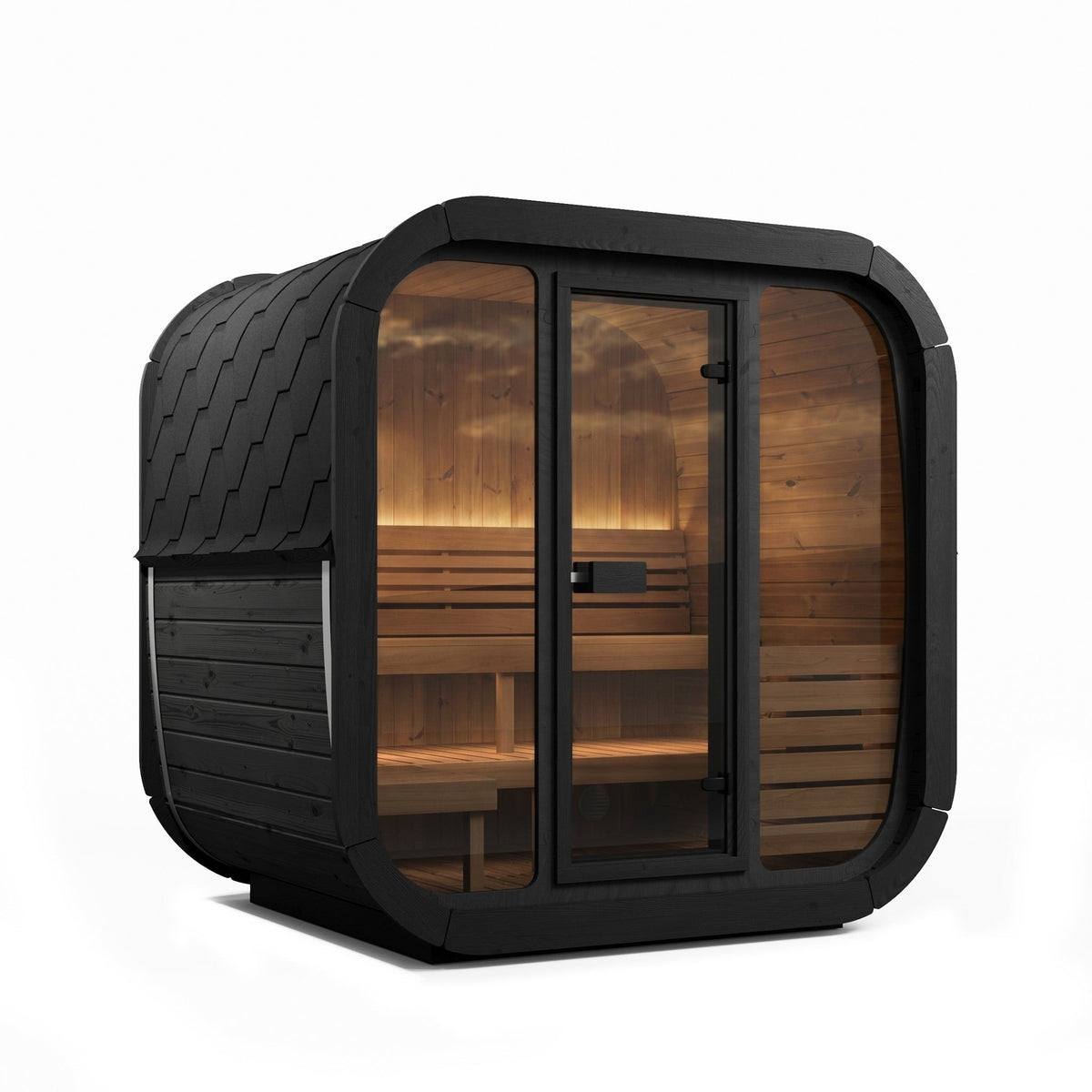 SaunaLife CL5G Cube Series 4-Person Outdoor Sauna Kit, black finish, with the LED lighting on