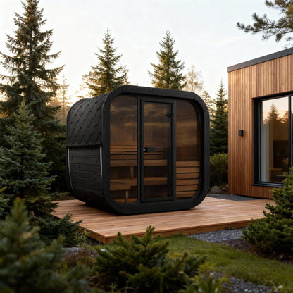SaunaLife CL5G Cube Series 4-Person Outdoor Sauna Kit, black finish, on a deck beside a modern house