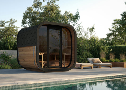 SaunaLife CL7G Cube Series 6-Person Outdoor Sauna Kit, installed in a garden