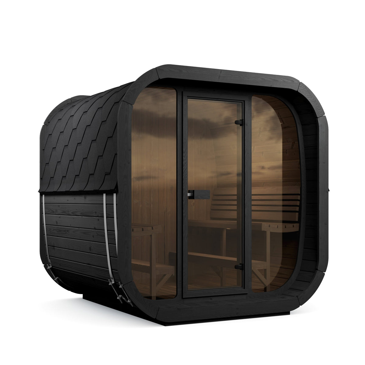 SaunaLife CL7G Cube Series 6-Person Outdoor Sauna Kit, black finish, three quarter view
