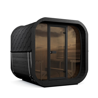 SaunaLife CL7G Cube Series 6-Person Outdoor Sauna Kit, black finish, three quarter view
