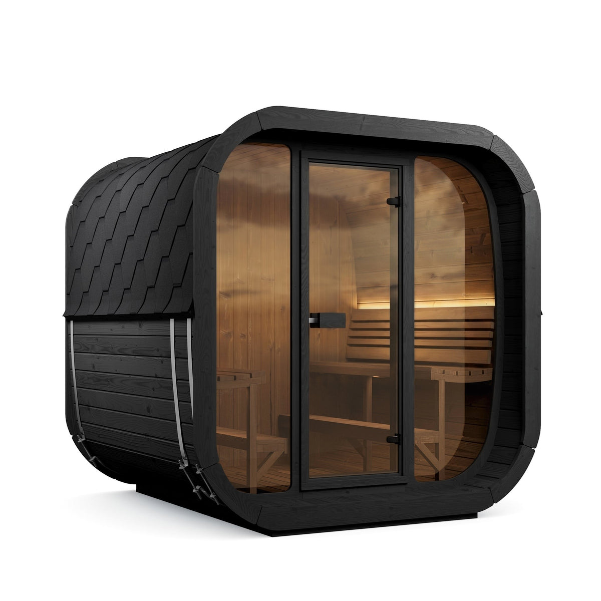 SaunaLife CL7G Cube Series 6-Person Outdoor Sauna Kit, black finish, with the LED lighting on