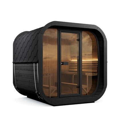 SaunaLife CL7G Cube Series 6-Person Outdoor Sauna Kit, black finish, with the LED lighting on